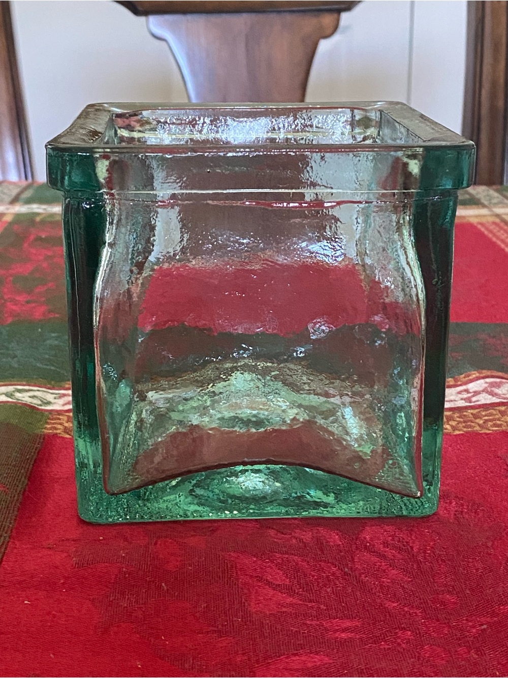 Vintage Green Square Cube Thick Heavy Glass Vase Utensil Holder 4 3/4”